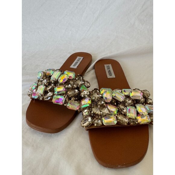 Steve Madden Brionna Rhinestone Flats Tan Leather Jewel Embellished Sandals 7.5 - Picture 14 of 16